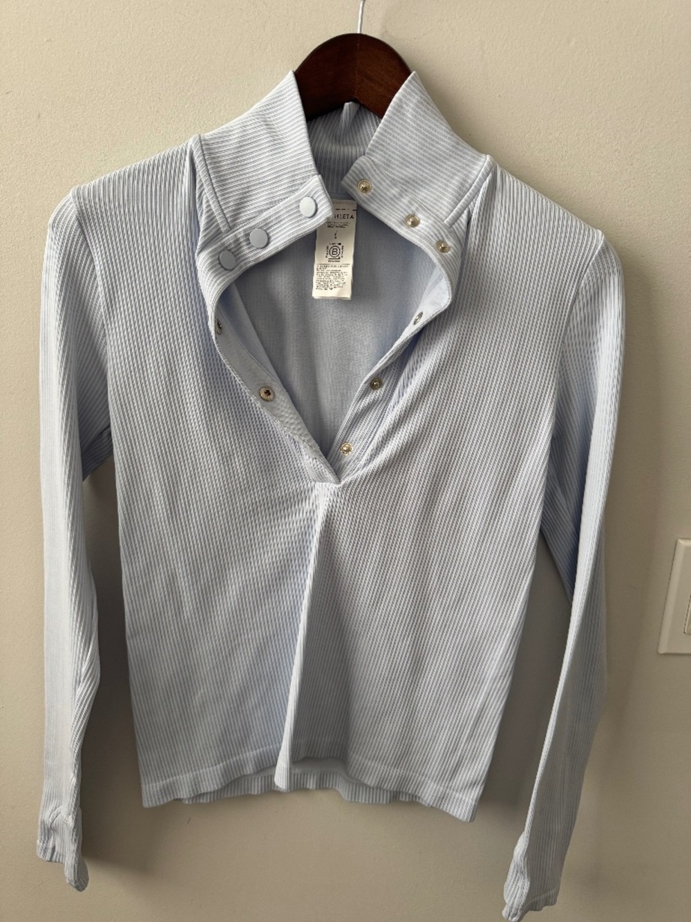 Athleta Renew Seamless Snap Mock Neck Long Sleeve Top Light Blue Small S Ribbed